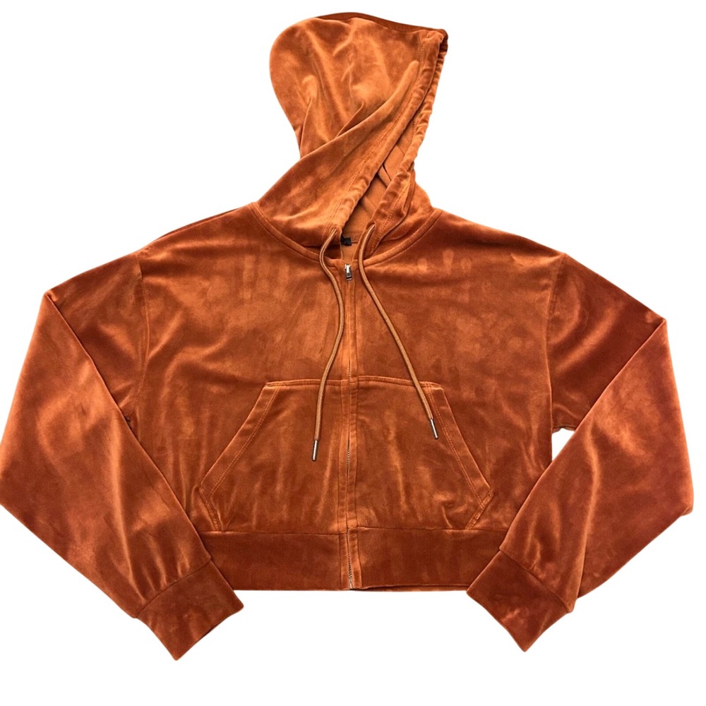 Forever 21 Cropped Velour Hoodie Zip Up Orange Size Junior Medium Zip up W Hood